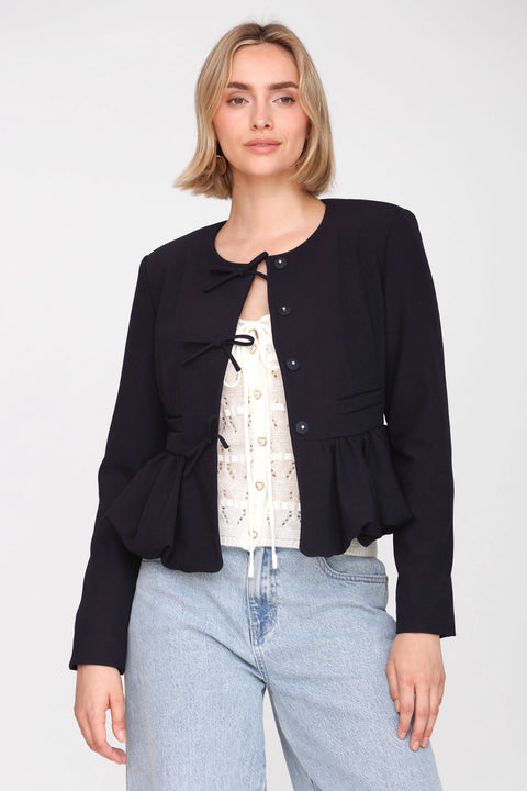Bow-Front Stretch Suiting Peplum Jacket