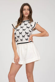 Bow Pattern Ruffle Sleeve Sweater Knit Top IVORY-TOP-Blu Pepper-S-IVORY-Urbanheer