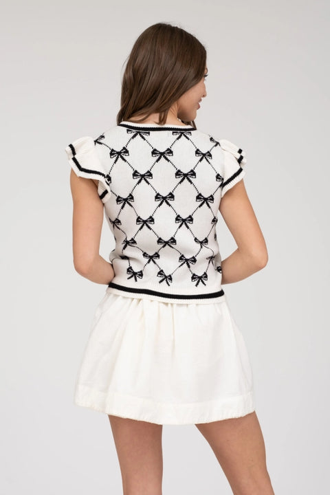 Bow Pattern Ruffle Sleeve Sweater Knit Top IVORY-TOP-Blu Pepper-S-IVORY-Urbanheer