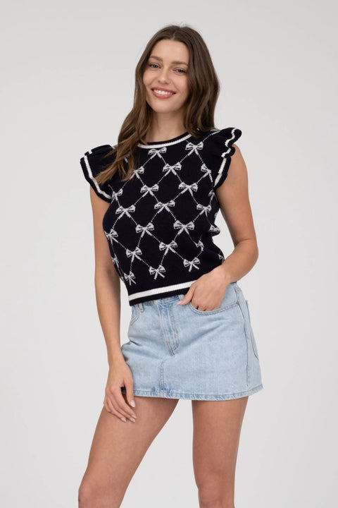 Bow Pattern Ruffle Sleeve Sweater Knit Top NAVY-TOP-Blu Pepper-S-NAVY-Urbanheer