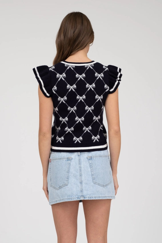 Bow Pattern Ruffle Sleeve Sweater Knit Top NAVY-TOP-Blu Pepper-S-NAVY-Urbanheer