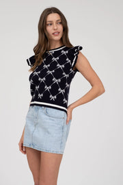 Bow Pattern Ruffle Sleeve Sweater Knit Top NAVY-TOP-Blu Pepper-S-NAVY-Urbanheer