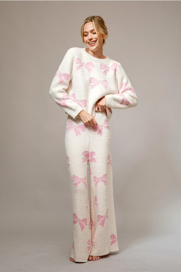 Bow Print Cozy Sweater Set Off White-Set-Blue B-S-Off White-Urbanheer