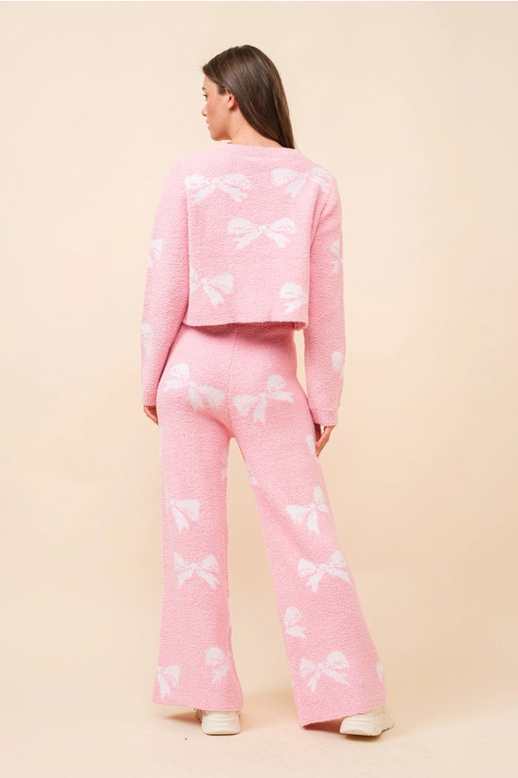 Bow Print Cozy Sweater Set Pink-Set-Blue B-S-Pink-Urbanheer