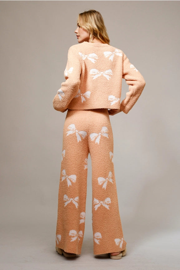 Bow Print Cozy Sweater Set Taupe-Set-Blue B-S-Taupe-Urbanheer