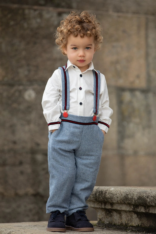 Boy Set with Blue Suspender Trousers and Shirt-Boy Set-Piccola Speranza-6M-White / Blue-Urbanheer