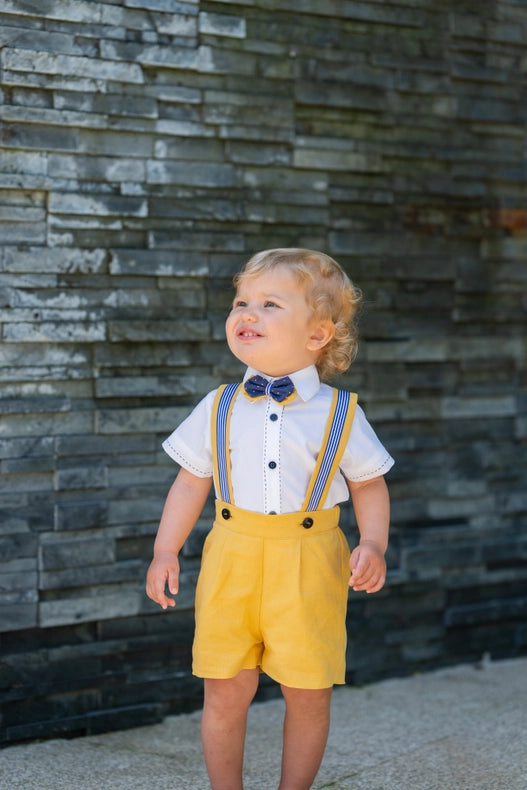 Boy Set with Bow Tie Shirt and Yellow Shorts-Boy Set-Piccola Speranza-12M-WHITE/YELLOW-Urbanheer