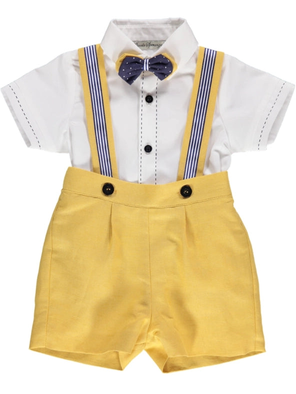 Boy Set with Bow Tie Shirt and Yellow Shorts-Boy Set-Piccola Speranza-12M-WHITE/YELLOW-Urbanheer