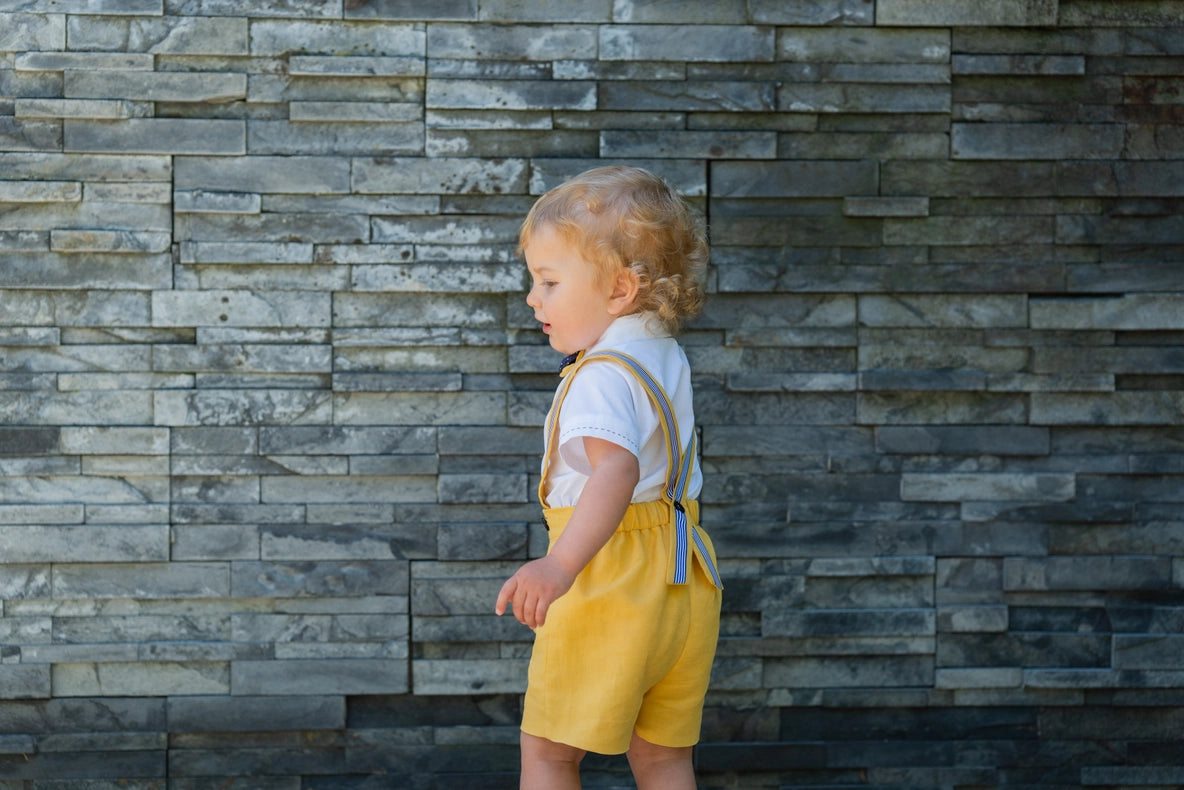 Boy Set with Bow Tie Shirt and Yellow Shorts-Boy Set-Piccola Speranza-12M-WHITE/YELLOW-Urbanheer