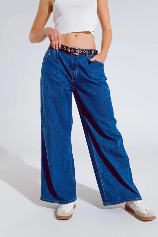 Boyfriend Wide Leg Five Pocket Jeans In Dark Wash-Jeans-Q2-XS-Blue-Urbanheer