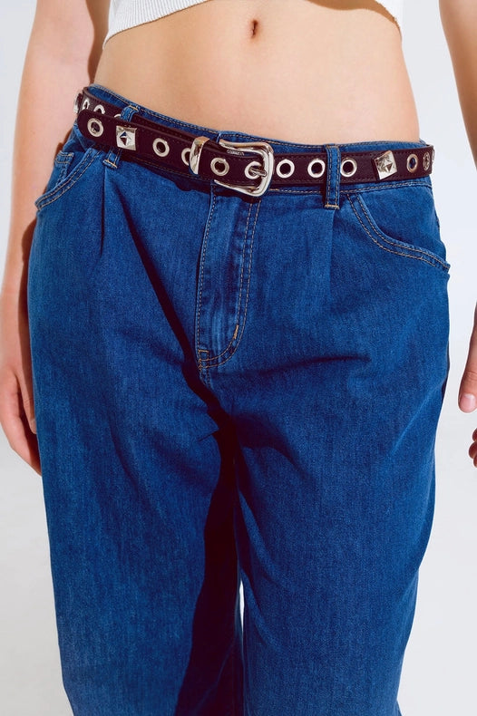 Boyfriend Wide Leg Five Pocket Jeans In Dark Wash-Jeans-Q2-XS-Blue-Urbanheer