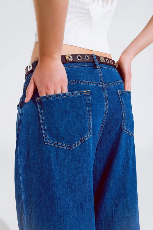 Boyfriend Wide Leg Five Pocket Jeans In Dark Wash-Jeans-Q2-XS-Blue-Urbanheer