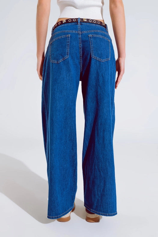 Boyfriend Wide Leg Five Pocket Jeans In Dark Wash-Jeans-Q2-XS-Blue-Urbanheer