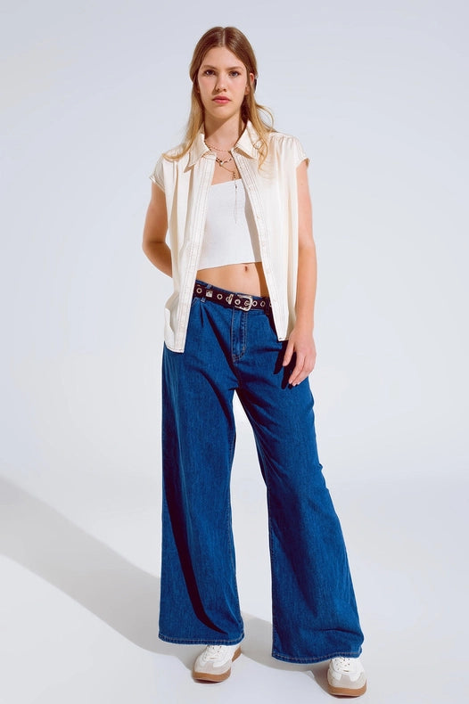 Boyfriend Wide Leg Five Pocket Jeans In Dark Wash-Jeans-Q2-XS-Blue-Urbanheer