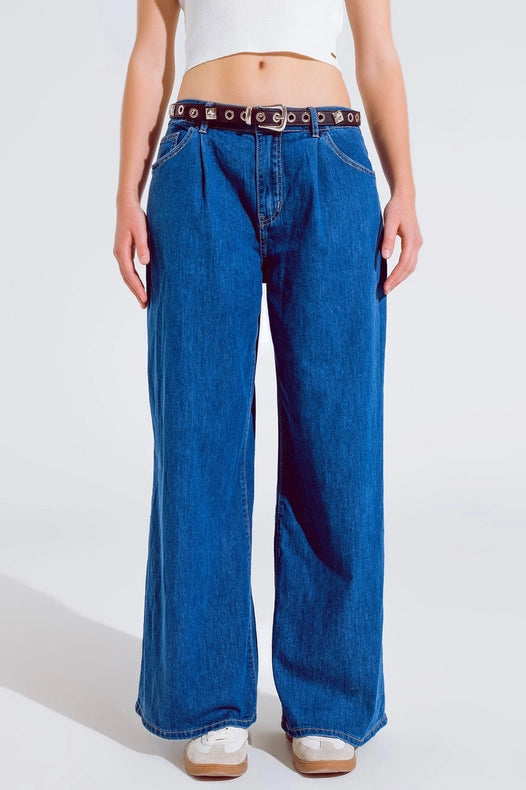 Boyfriend Wide Leg Five Pocket Jeans In Dark Wash-Jeans-Q2-XS-Blue-Urbanheer