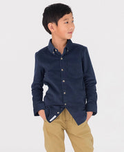 Boys Dark Navy Stretch Corduroy Long Sleeve Button Down Shirt-Shirt-RuffleButts + RuggedButts-3-6m-Blue-Urbanheer