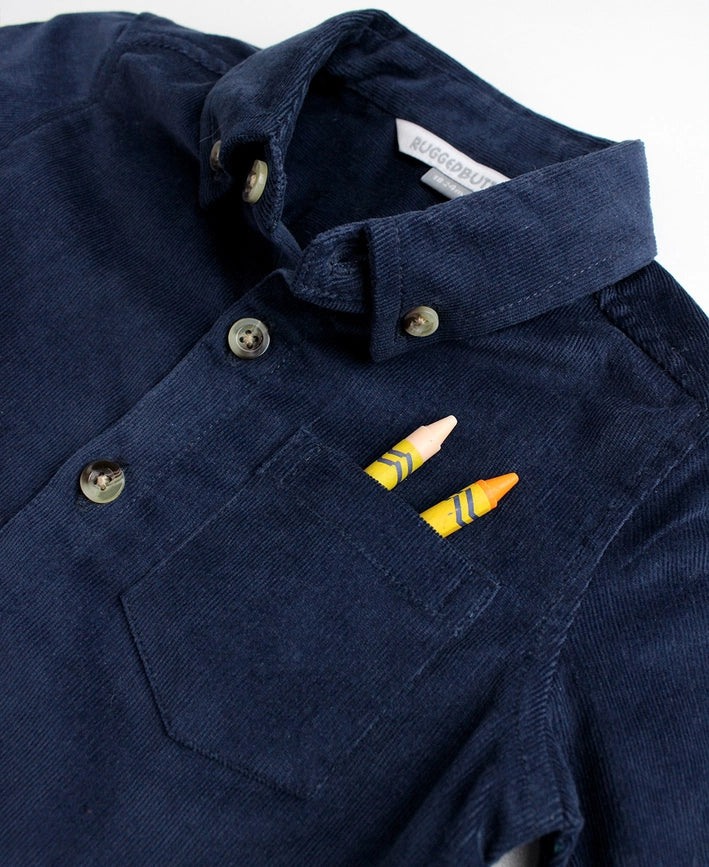 Boys Dark Navy Stretch Corduroy Long Sleeve Button Down Shirt-Shirt-RuffleButts + RuggedButts-3-6m-Blue-Urbanheer