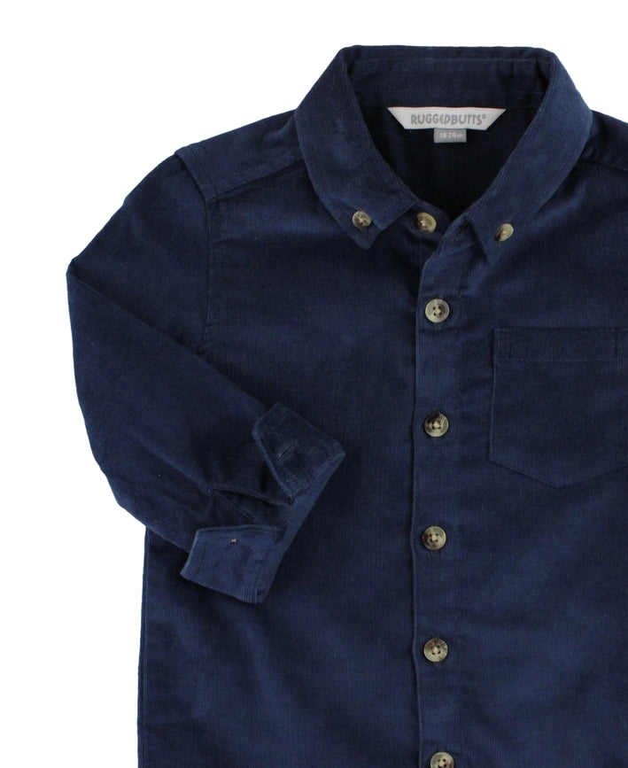 Boys Dark Navy Stretch Corduroy Long Sleeve Button Down Shirt-Shirt-RuffleButts + RuggedButts-3-6m-Blue-Urbanheer