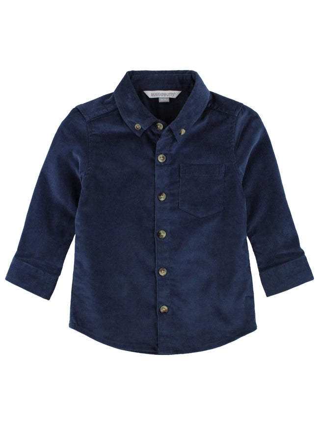 Boys Dark Navy Stretch Corduroy Long Sleeve Button Down Shirt-Shirt-RuffleButts + RuggedButts-3-6m-Blue-Urbanheer