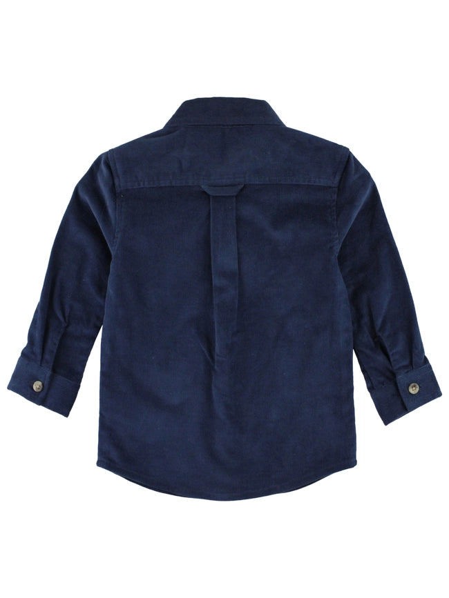 Boys Dark Navy Stretch Corduroy Long Sleeve Button Down Shirt-Shirt-RuffleButts + RuggedButts-3-6m-Blue-Urbanheer
