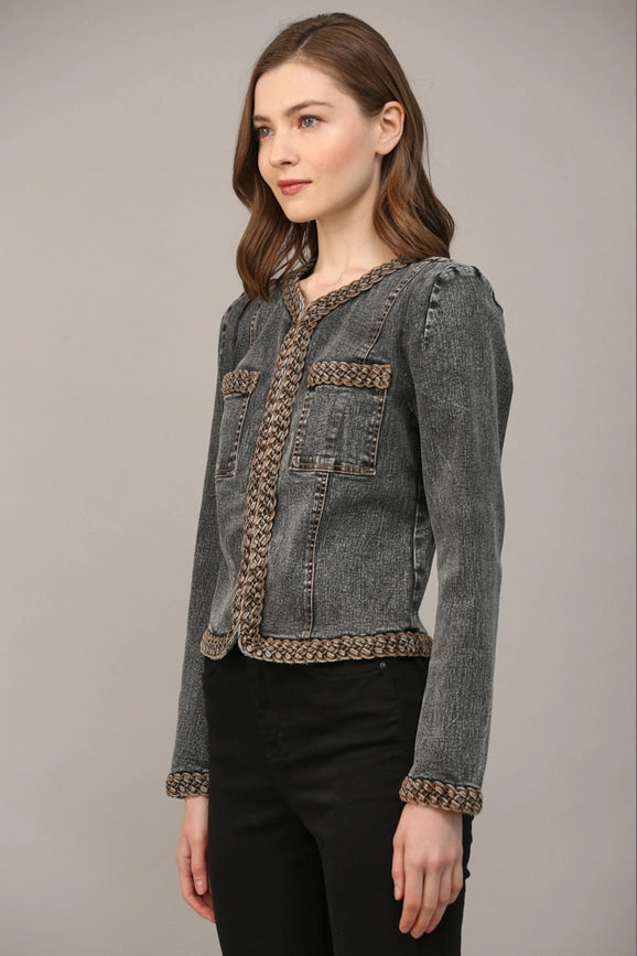Braided Trim Jean Jacket BLACK DENIM-Jacket-FATE-S-BLACK DENIM-Urbanheer