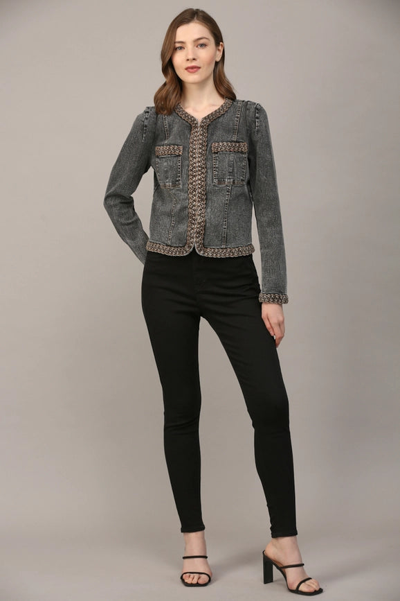 Braided Trim Jean Jacket BLACK DENIM-Jacket-FATE-S-BLACK DENIM-Urbanheer