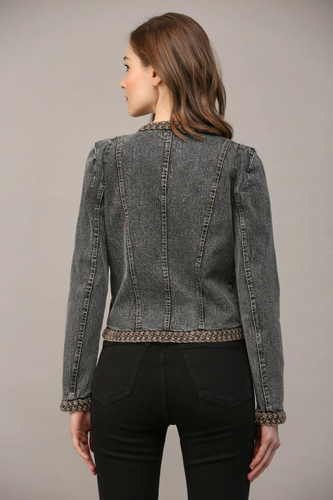 Braided Trim Jean Jacket BLACK DENIM-Jacket-FATE-S-BLACK DENIM-Urbanheer