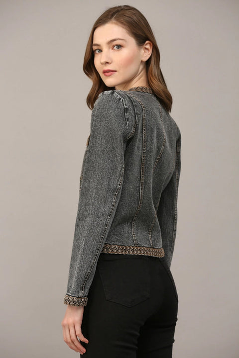 Braided Trim Jean Jacket BLACK DENIM-Jacket-FATE-S-BLACK DENIM-Urbanheer