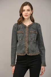 Braided Trim Jean Jacket BLACK DENIM-Jacket-FATE-S-BLACK DENIM-Urbanheer