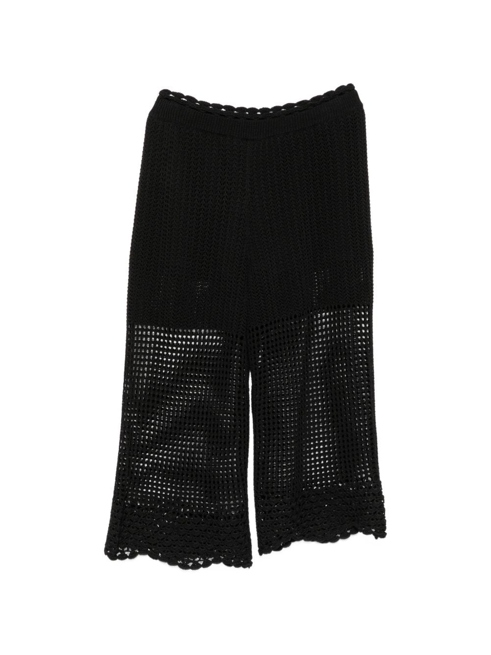 Breathable Black Crochet Knit Wide-Leg Trousers