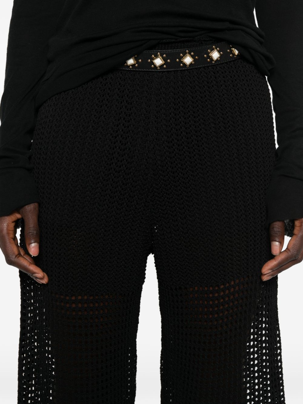 Breathable Black Crochet Knit Wide-Leg Trousers