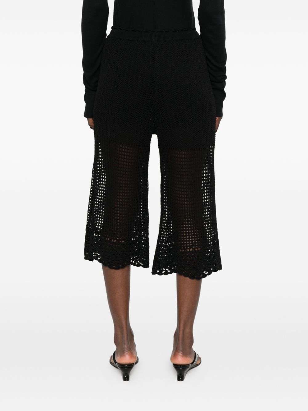 Breathable Black Crochet Knit Wide-Leg Trousers