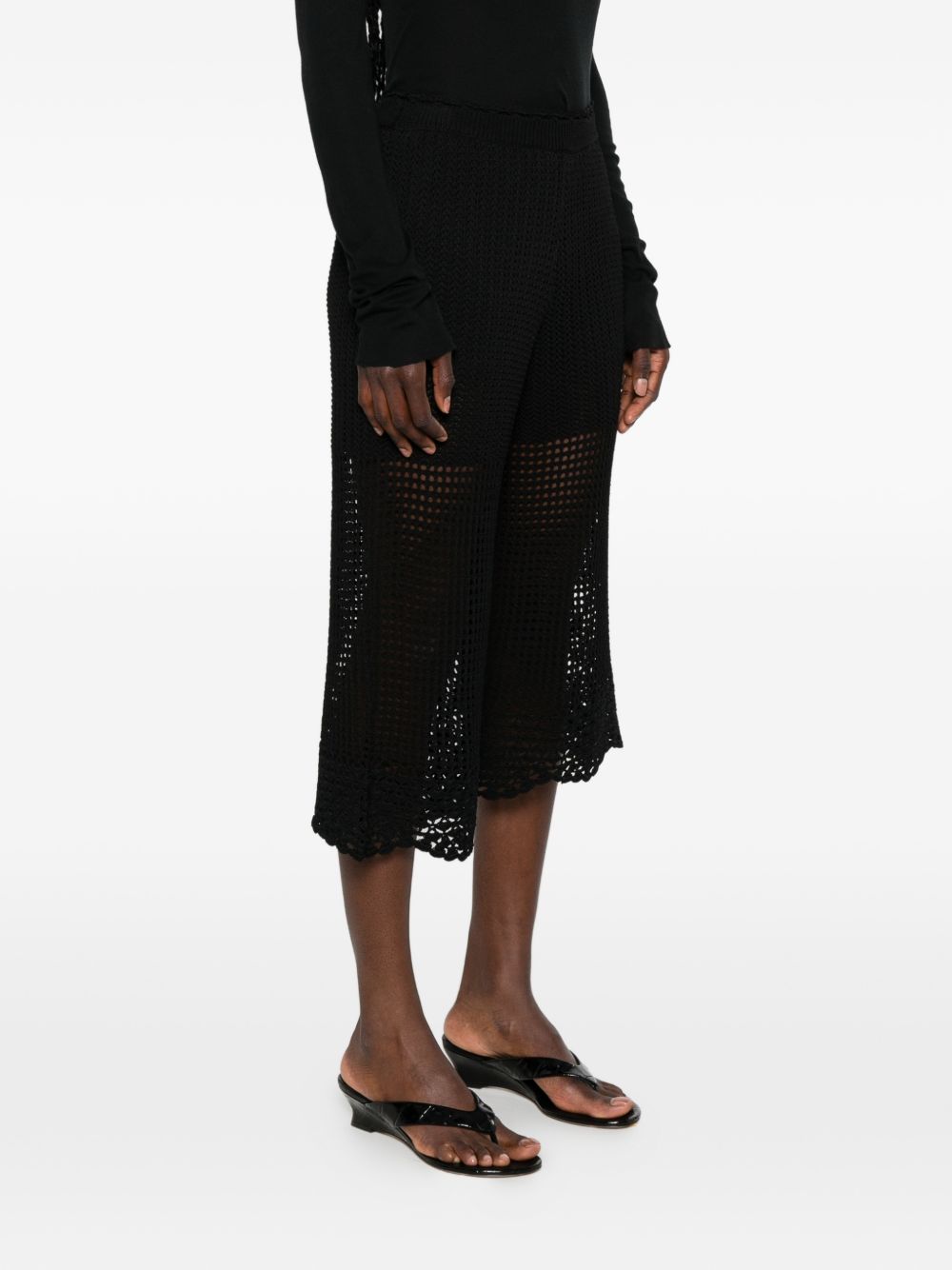 Breathable Black Crochet Knit Wide-Leg Trousers