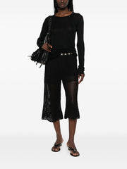 Breathable Black Crochet Knit Wide-Leg Trousers
