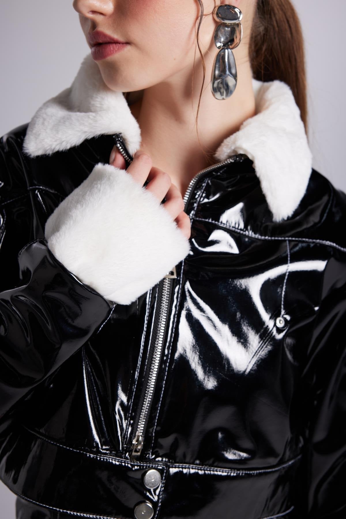 Bria Black Faux Patent Leather Crop Jacket with Faux Fur Collar and Cuffs-Jackets & Blazers-Buy Me Fur Ltd-Black-XS-Polyester-Urbanheer