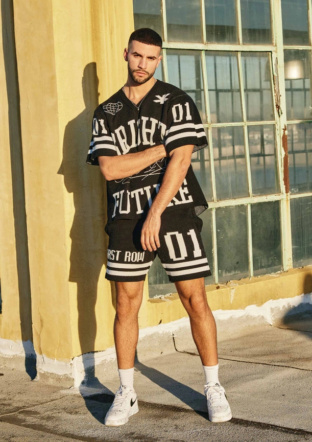 Bright Future Varsity Jacquard Knit Shorts-Shorts-First Row-S-Black-Urbanheer