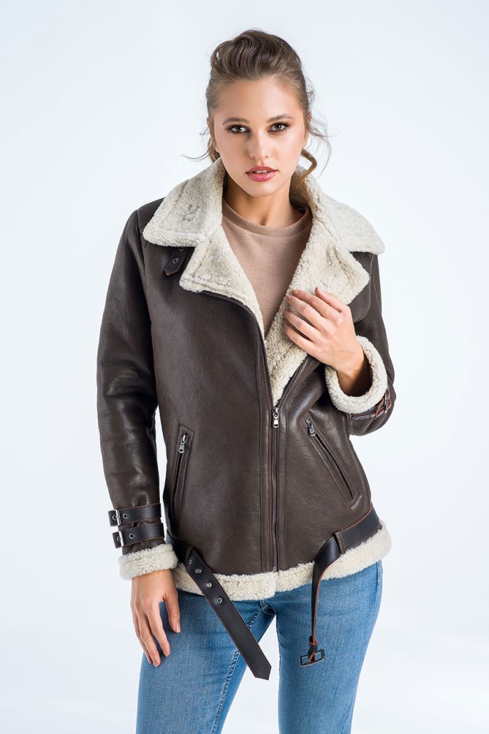 Brown Biker Bomber Sheepskin Jacket with Cream Shearling Fur-Leather Jackets-Buy Me Fur Ltd-Brown-S-Shearling Leather-Urbanheer