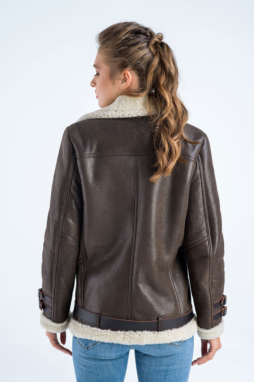 Brown Biker Bomber Sheepskin Jacket with Cream Shearling Fur-Leather Jackets-Buy Me Fur Ltd-Brown-S-Shearling Leather-Urbanheer