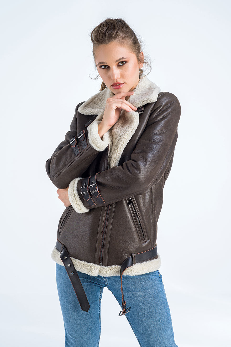 Brown Biker Bomber Sheepskin Jacket with Cream Shearling Fur-Leather Jackets-Buy Me Fur Ltd-Brown-S-Shearling Leather-Urbanheer