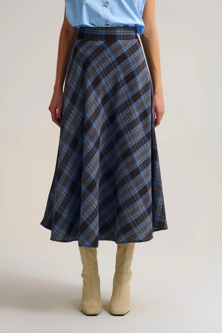Brown Check High-Waisted Midi Skirt