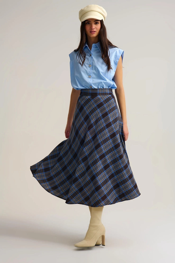 Brown Check High-Waisted Midi Skirt