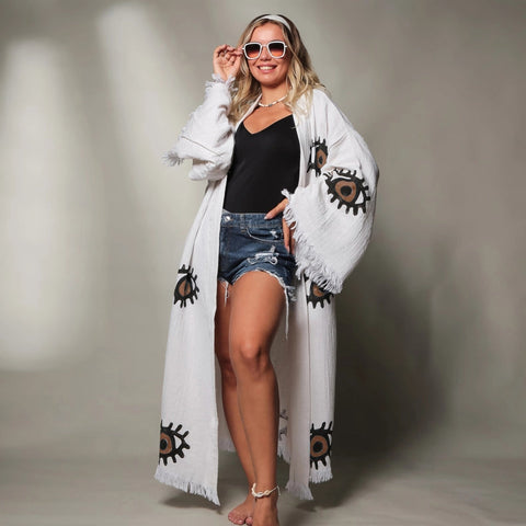 Brown Evil Eye Short Kaftan Kimono Robe-Kimono-Moa-Long Kimono-Urbanheer