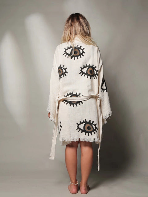 Brown Evil Eye Short Kaftan Kimono Robe-Kimono-Moa-Short Kimono-Urbanheer
