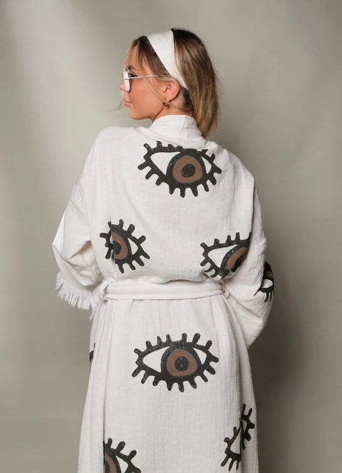 Brown Evil Eye Short Kaftan Kimono Robe-Kimono-Moa-Short Kimono-Urbanheer