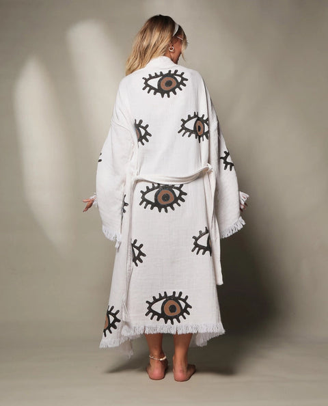 Brown Evil Eye Short Kaftan Kimono Robe-Kimono-Moa-Short Kimono-Urbanheer