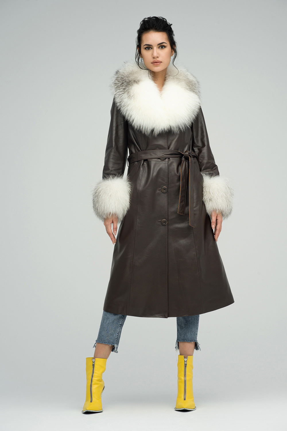 Brown Genuine Maxi Lambskin Overcoat with Arctic Fox Fur Collar and Cuffs-Leather Coats-Buy Me Fur Ltd-Brown-XS-Genuine Sheepskin Leather-Urbanheer