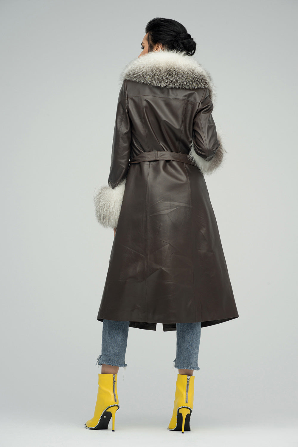 Brown Genuine Maxi Lambskin Overcoat with Arctic Fox Fur Collar and Cuffs-Leather Coats-Buy Me Fur Ltd-Brown-XS-Genuine Sheepskin Leather-Urbanheer
