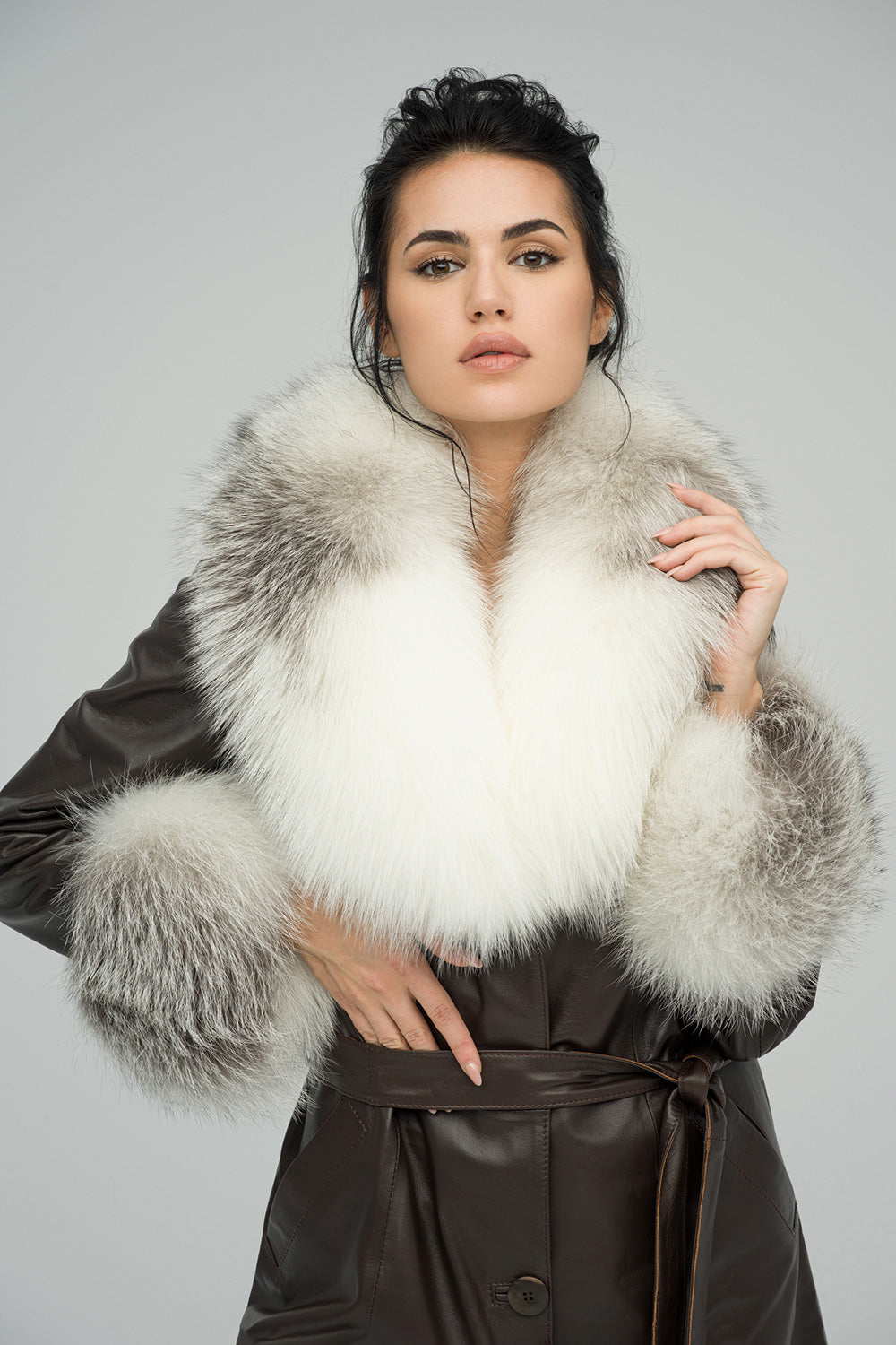Brown Genuine Maxi Lambskin Overcoat with Arctic Fox Fur Collar and Cuffs-Leather Coats-Buy Me Fur Ltd-Brown-XS-Genuine Sheepskin Leather-Urbanheer