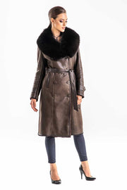 Brown Genuine Merino Shearling Coat with Arctic Fox Fur Collar-Leather Coats-Buy Me Fur Ltd-Brown-S-Genuine Merino Shearling-Urbanheer