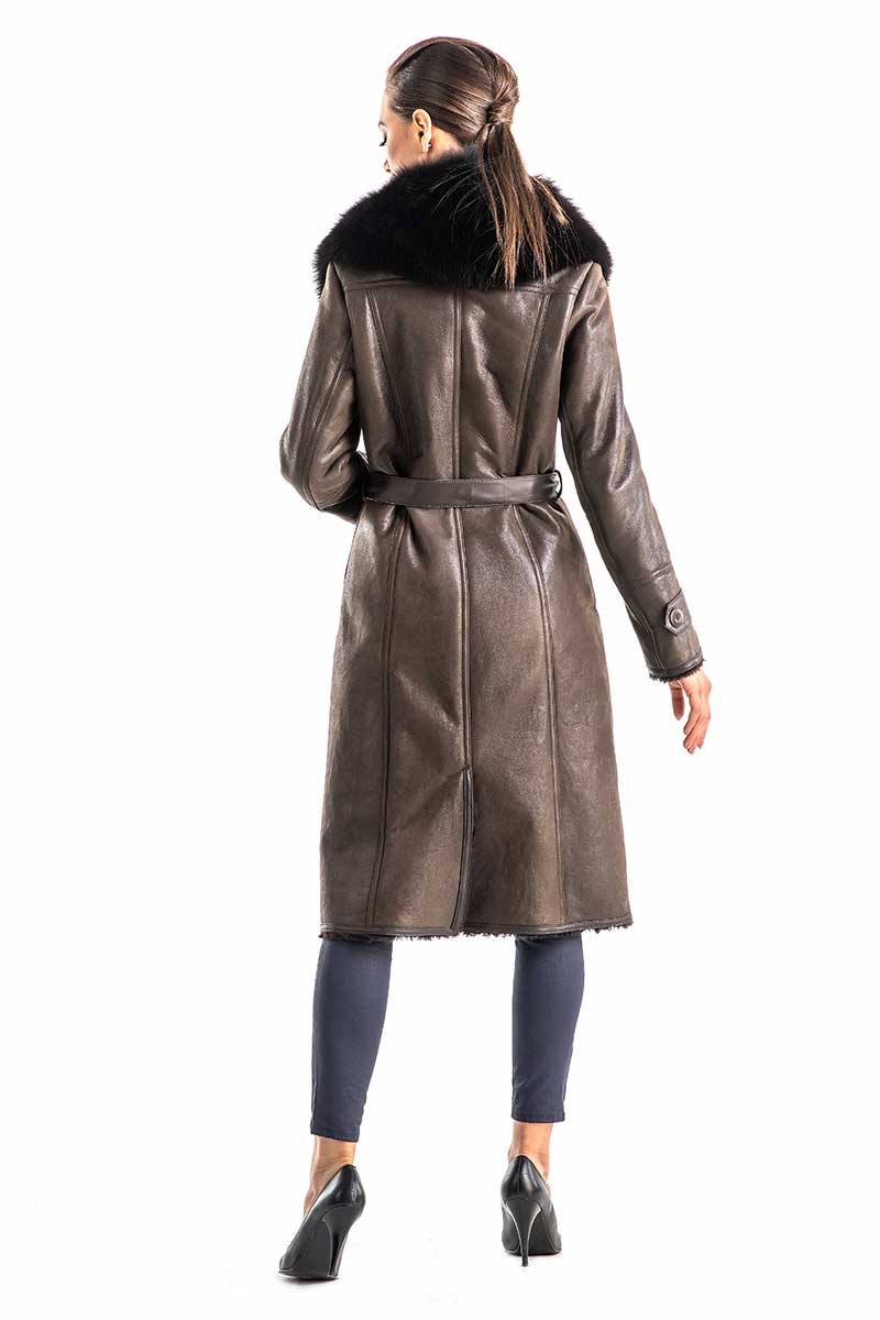 Brown Genuine Merino Shearling Coat with Arctic Fox Fur Collar-Leather Coats-Buy Me Fur Ltd-Brown-S-Genuine Merino Shearling-Urbanheer